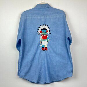 Vintage Chambray Embroidered Kachina Doll Button Up, Size Large, Rare Find